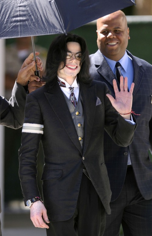 SANTA MARIA, CA - April 5: Michael Jackson waves as he leaves Santa Barbara County Courthouse after 